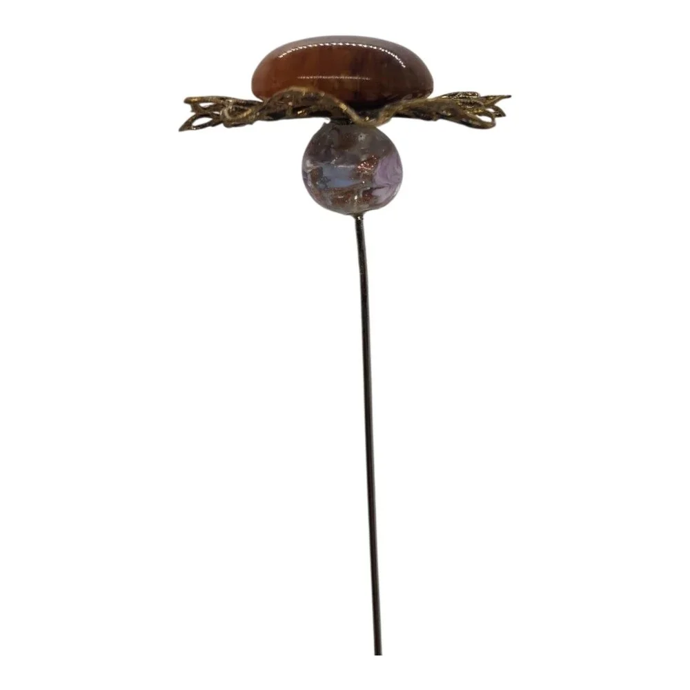 Vintage Lucite Hat Pin Brown Cabochon Filigree Art Glass Bead Long Estate Ornate